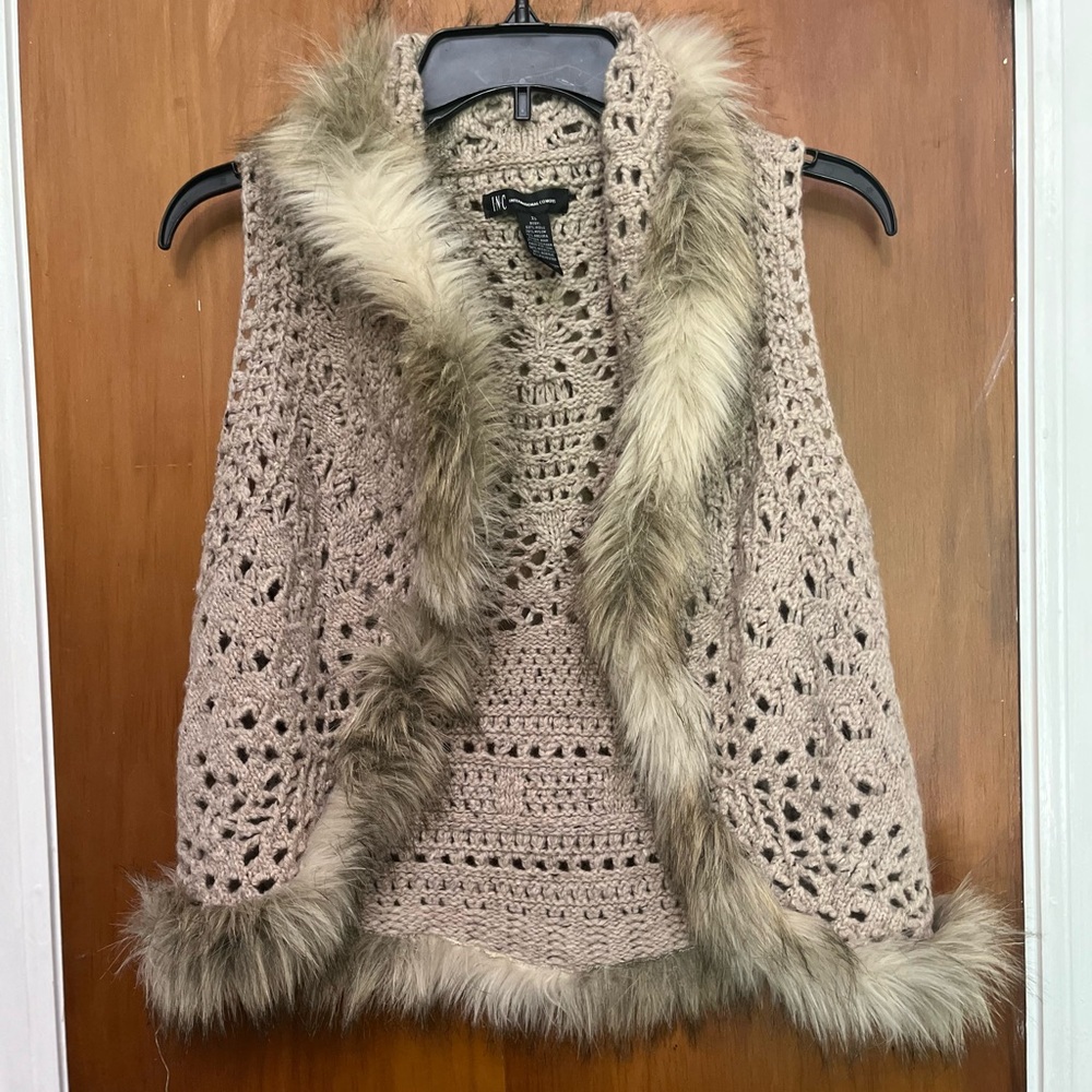 INC International Concepts Cream and Brown Faux Fur Trim Vest.  XS